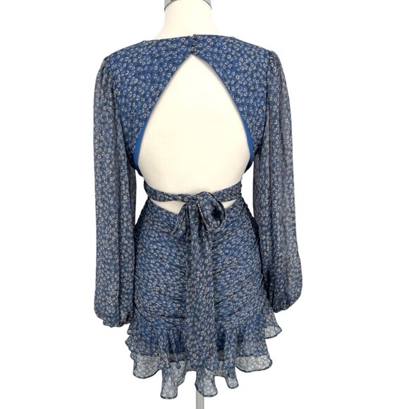 Bardot Floral V-Neck Long-Sleeve Mini Dress Ruffled Ruched Blue Size XL - Picture 7 of 13